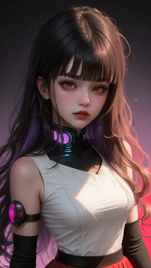 1girl, solo, long curly hair, looking left, bangs, simple background, black hair, red eyes, upper body, blunt bangs, red background, science fiction, high collar, cyberpunk, girl in skirt, full violet background