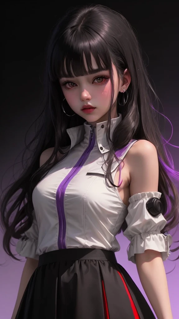 masterpiece, best quality, high resolution, fine detail, amazing and beautiful detail, different_images, 1 girl, white sleeveless jacket, from below, jet black hair, white-purple eyes, ( big boobs),( big tits),( big tits) , (lower chest), outer space, plants, black pants, Konoha village symbol ,white-purple eyes,