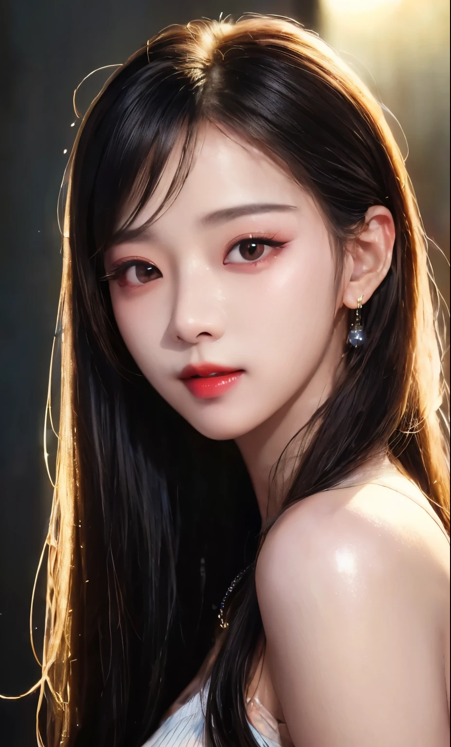 (8K, raw photo, realistic: 1.25), (lip gloss, Eyelashes, luminous face, glowing skin, best quality, ultra high resolution, depth of field, chromatic aberration, fire ship, various lights, natural shading, kpop idol) She looks at the viewer with a calm, goddess-like happy expression.,