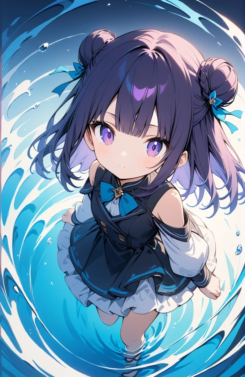 Very detailed、Very absurd、超High resolution, Attention to detail, high quality, High resolution, 最high quality, 4K, 8K,Clear drawing,deep violet hair color,hair bun,blunt bangs,(walking on water)