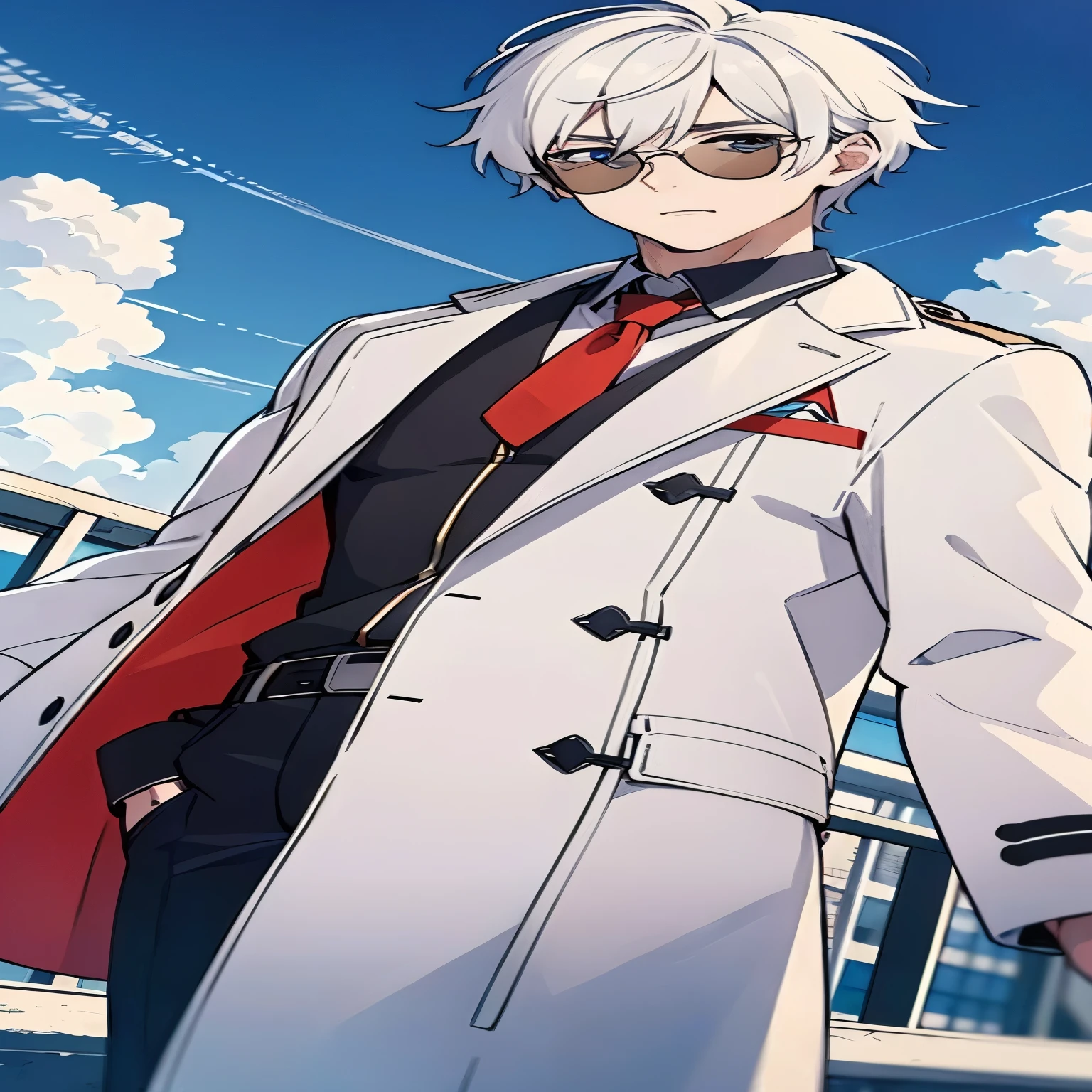 anime character in a white coat and red tie in front of a building, red line anime film style, guilty equipment strive splash art, teacher clothes, Detailed art from the main anime, anime styling, high quality anime art style, cute anime pose, trigger anime art style, from the azur lane videogame, uniform background, anime character detailed art, characters from azur lane