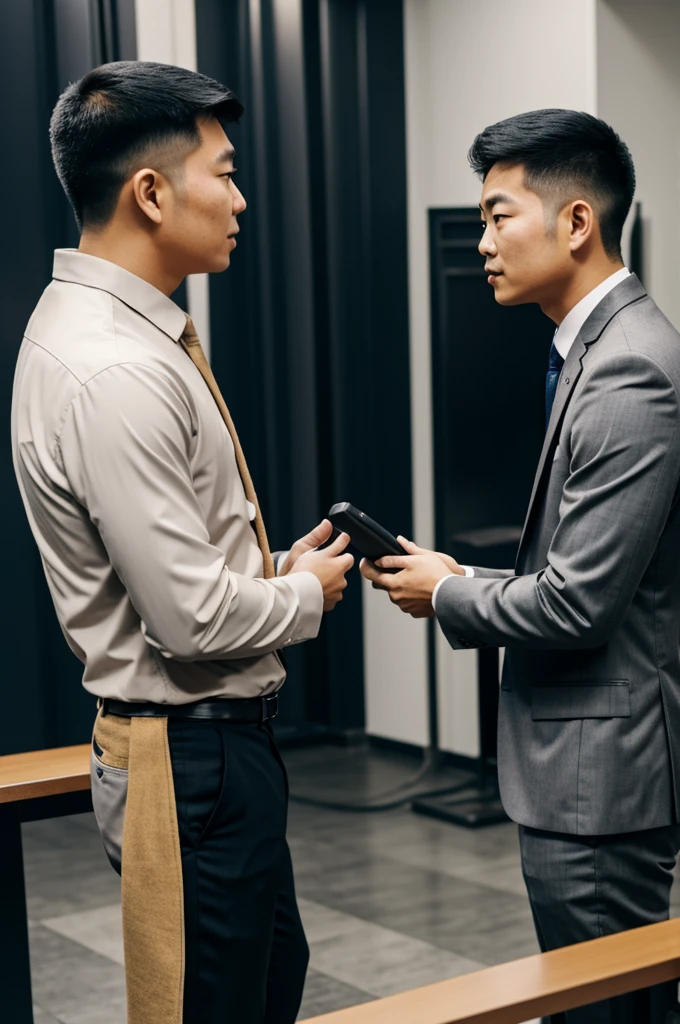 A side profile full body picture of an common Asian man getting interviewed 