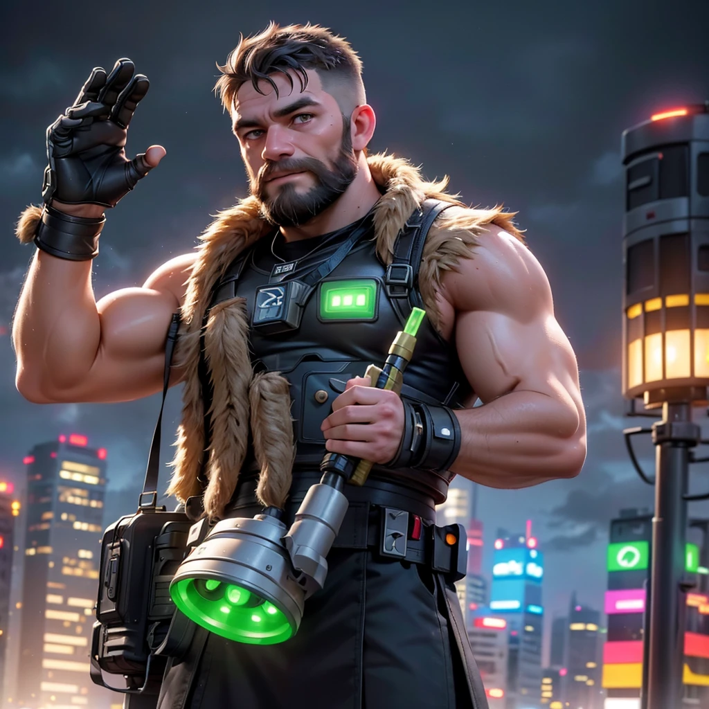 Ultra-realistic RAW portrait of a traditional Scottish man, very hairy, with a large brown beard and short hair in a military-style cut, reimagined in a cyberpunk setting. He is wearing futuristic Scottish Highland attire, including a kilt with neon accents and synthetic animal hide, and is playing a high-tech bagpipe with glowing components. The scene is set on a high, muddy mountain with neon-lit skyscrapers in the background under a cloudy and rainy sky. The man is muddy and looks weathered by the elements, with cybernetic enhancements visible on his body. The lighting should feature vibrant neon colors and dramatic contrasts to highlight the intricate details of his attire, the texture of his beard, and the futuristic environment. Photographed with a professional DSLR camera to capture fine details and depth.