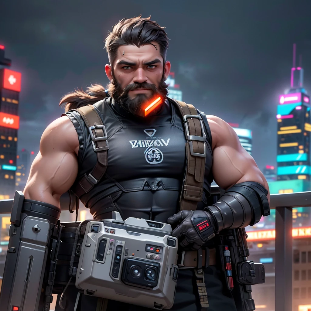 Ultra-realistic RAW portrait of a traditional Scottish man, very hairy, with a large brown beard and short hair in a military-style cut, reimagined in a cyberpunk setting. He is wearing futuristic Scottish Highland attire, including a kilt with neon accents and synthetic animal hide, and is playing a high-tech bagpipe with glowing components. The scene is set on a high, muddy mountain with neon-lit skyscrapers in the background under a cloudy and rainy sky. The man is muddy and looks weathered by the elements, with cybernetic enhancements visible on his body. The lighting should feature vibrant neon colors and dramatic contrasts to highlight the intricate details of his attire, the texture of his beard, and the futuristic environment. Photographed with a professional DSLR camera to capture fine details and depth.