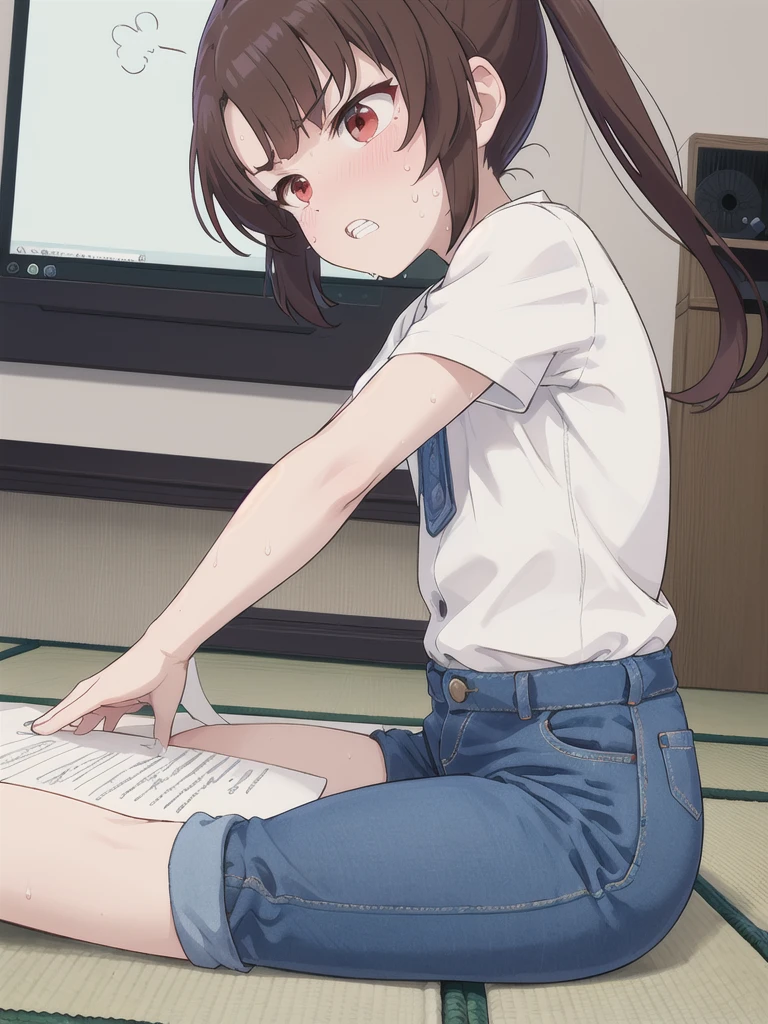 Japanese-style room,青null,cloud,null＿Red Missile,On the tatami_Sitting,Near the PC,from side, top-down bottom-up,indoor,1 Girl, 独奏, Red eyes, Twin tails, brown hair,crawling,((顔 focus)),upper body,Green dress shirt,Blue denim pants, bangs, eyebrows visible through hair, Flat Chest,Look Down,teeth ,annoyed,panicking,Write on loose-leaf paper with a pen,((Sweat))