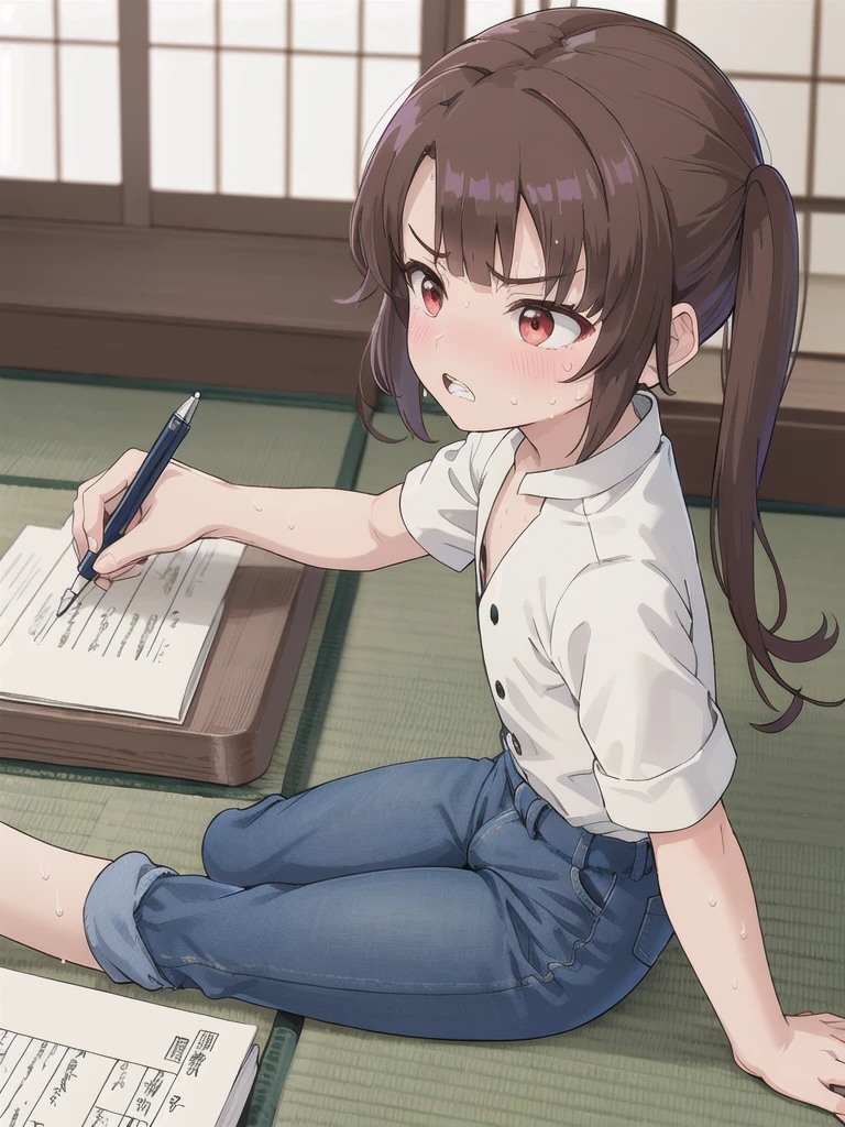 Japanese-style room,青null,cloud,null＿Red Missile,On the tatami_Sitting,Near the PC,from side, top-down bottom-up,indoor,1 Girl, 独奏, Red eyes, Twin tails, brown hair,crawling,((顔 focus)),upper body,Green dress shirt,Blue denim pants, bangs, eyebrows visible through hair, Flat Chest,Look Down,teeth ,annoyed,panicking,Write on loose-leaf paper with a pen,((Sweat))