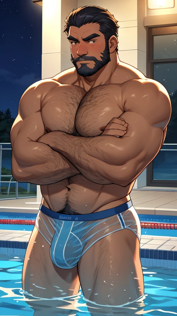 male, (korean mature daddy swimming coach), (naked upper body), (wearing transparent swimming underwear), handsome, muscular, hairy, (blush), (posture with arms crossed), middle aged man, homoerotic, standing, realistic, night, delicate eyes, hairy legs, erection upward