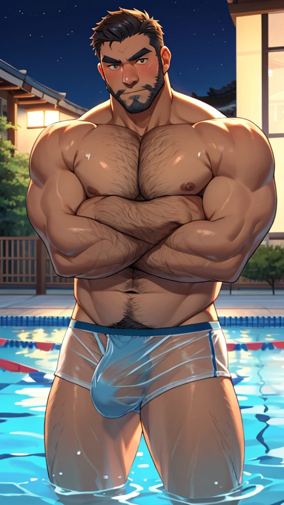 male, (korean mature daddy swimming coach), (naked upper body), (wearing transparent swimming underwear), handsome, muscular, hairy, (blush), (posture with arms crossed), middle aged man, homoerotic, standing, realistic, night, delicate eyes, hairy legs, erection upward