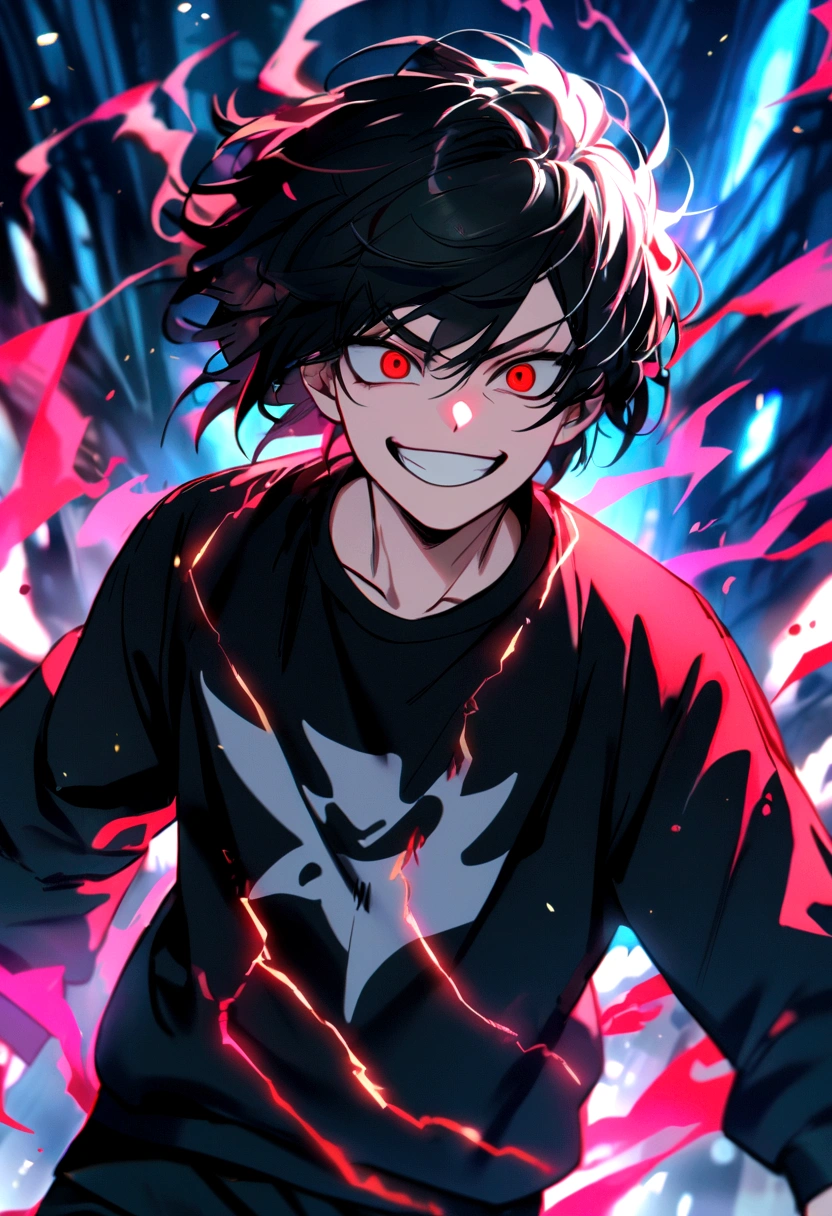 Man 17 years old Long black hair black and white sweatshirt with red electricity on his body with a manic smile
