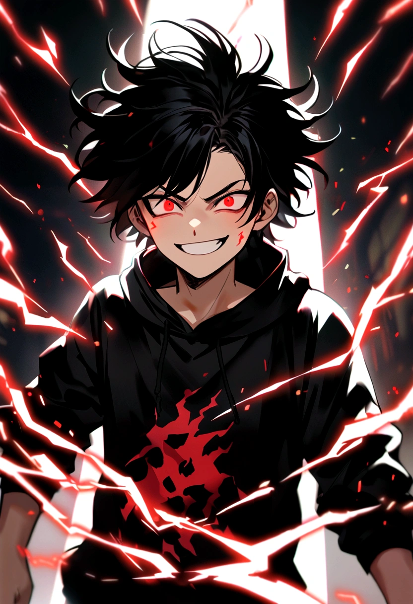 Man  Long black hair black and white sweatshirt with red electricity on his body with a manic smile