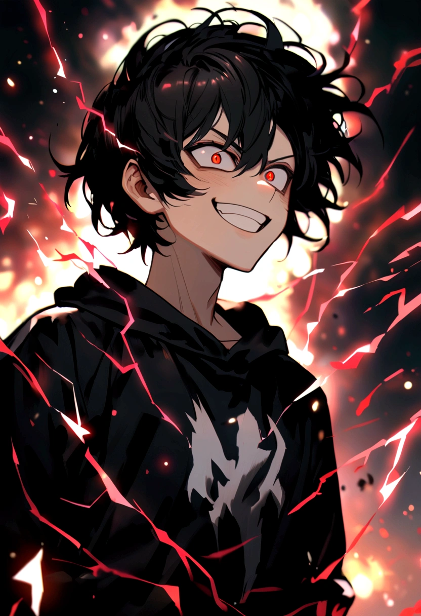 Man 17 years old Long black hair black and white sweatshirt with red electricity on his body with a manic smile