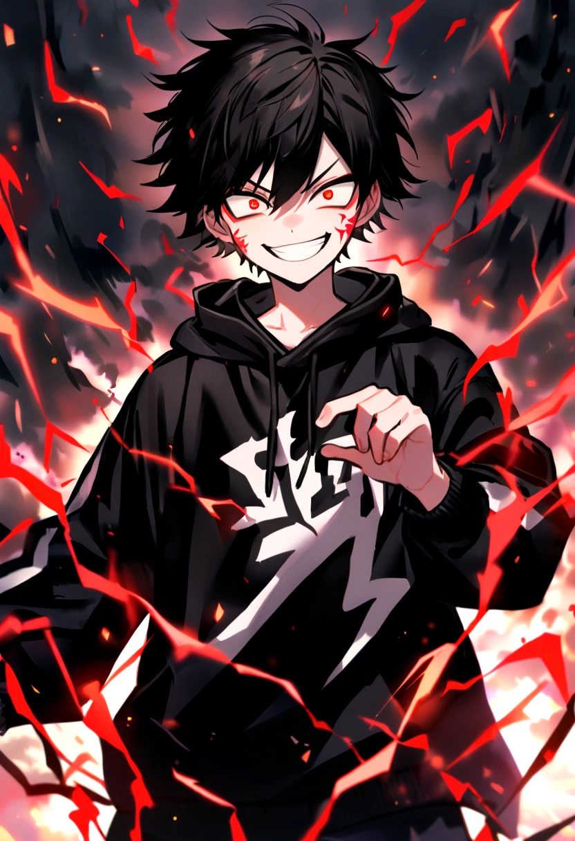 Man 17 years old Long black hair black and white sweatshirt with red electricity on his body with a manic smile