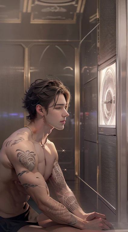 1 male, naked man, masculine, (improved quality:1.4),(High quality true texture skin.), delicate face, black fur, by rubio, (perfect bodies:1.1), , Rimless glasses, sparkling pupils,long eyelashes,SMILE, hyper photorealism, cinematic lighting, projected box, surrealism, hyper high definition,fantasy space,Luxurious space, naked, muscular, cock, full body gay kiss
