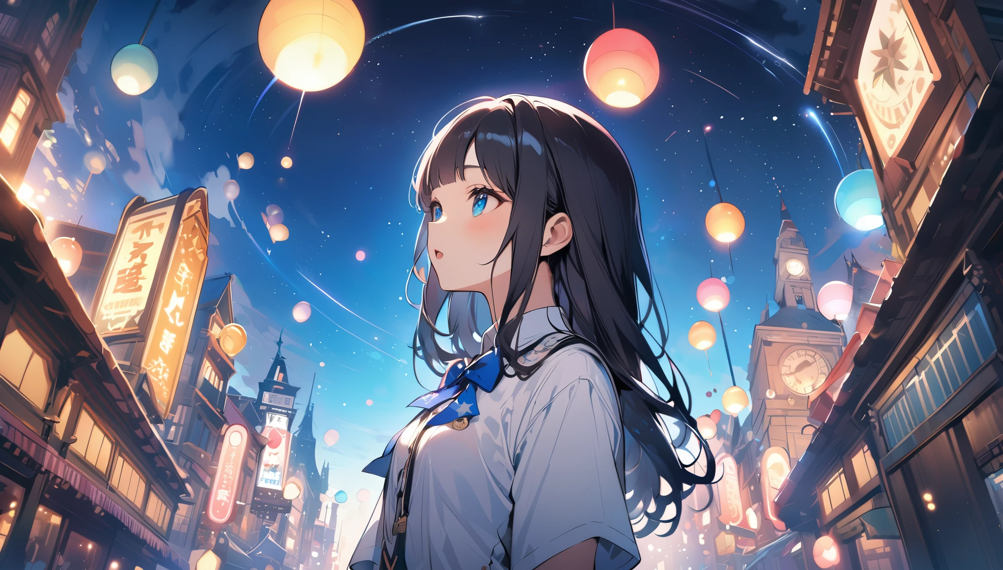 BREAK 1 girl, long hair, black hair, straight hair, short bangs above brows, blue eyes, expressionness, open mouth, (looking away:1.2)
BREAK (masterpiece), (high resolution 8K), cinematic lighting, professional lighting, detailed eyes and face, detailed body,
BREAK white shirt, blue bowtie, pleated skirt,
BREAK very wide, panorama view, sense of depth, shot from front,
BREAK wonderland, sticker style, heart item, star item, symbolic, star glitter and hart glitter, kawaii town at night, big clock tower, meteor shower, star and hart effect,