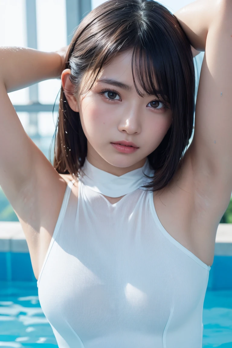 8K、High resolution、masterpiece、Realistic、In detail、Fine texture、Bright natural light、High Contrast、alone、high school girl、Natural body shape、White skin、Natural Makeup、Black Hair、bangs、Straight Long Hair、Watery eyes、(((White leotard)))、Big Breasts、Pool、Face the front and look at the camera、Show your armpits、Focus on the armpits、((Face close-up))、((Excessive armpit sweat、Sweaty and shiny armpits、Greasy armpits、Shiny armpits))、Portrait from head to chest