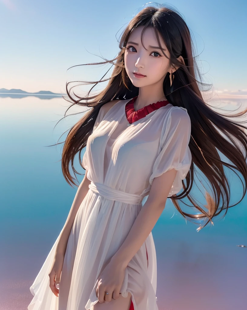 (Highest quality, 32k, High resolution, Masterpiece:1.5), marimo_jet, god々A photograph with brilliant dazzling and healing power., Expressing emotions, Have a rich imagination, Beautiful Japanese Girls, An exceptionally beautiful face, Small Face Beauty, ((Full body shot:1.3)), Perfect Human Anatomy, Magical big eyes, Motherhood and generosity, Deep Love, fleeting smile, Shiny black hair, Beautiful super long hair swaying in the wind, Asymmetrical bangs, Hair between the eyes, Transparent, soft white skin, Sharp eyebrows, Thin lashes, Natural Makeup, Cheek highlighter, Pale pink detailed lips, (Red dress:1.3), ((High resolutionの美しい太もも)), ((Distant Horizon:1.5)), ((Salar de Uyuni stretches to the horizon:1.3)), ((The earth reflects the sky like a mirror:1.3)), Beautiful detailed blue sky, Professional photographer, Professional Lighting, Professional models