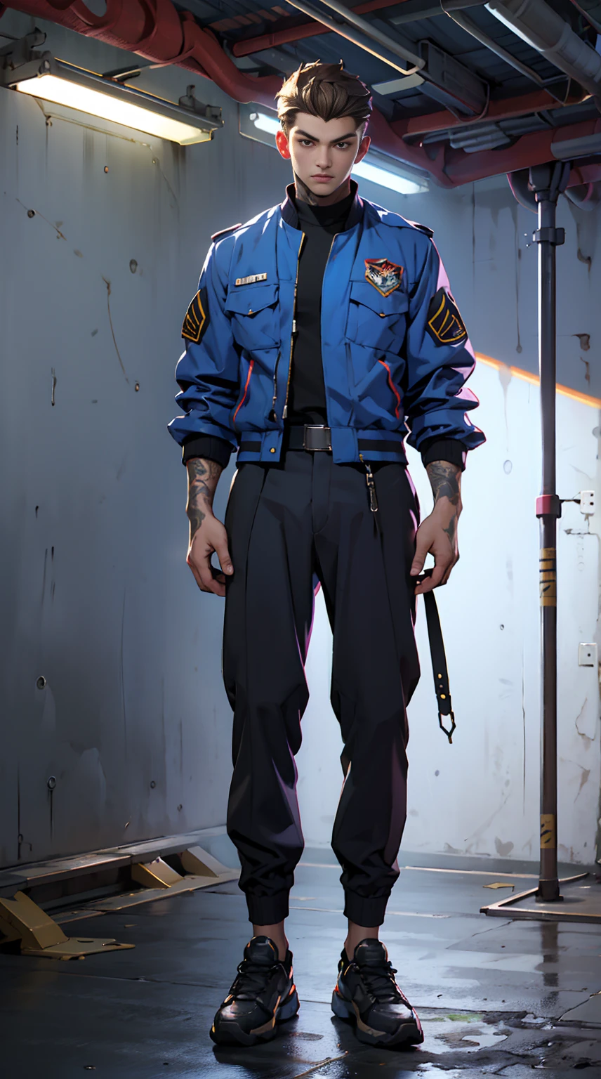 ((full body photo, standing, feet on the ground)), 11:23(((Best quality: 1.4))),(Unbeatable masterpiece), (hyper HD),(Hyper-realistic 8k CG)、（dark colored hair） ((( body))), (((1 girl in))), 25-year-old American soldier with perfect body,,Beautiful and well groomed face,muscular body:1.2,Solid royal blue jacket with details, (Pictures from head to thighs)， Complex equipment, royal blue，long trousers，The clothes inside are dark，Clothes with armored metal electronic parts, Poison tattoos )