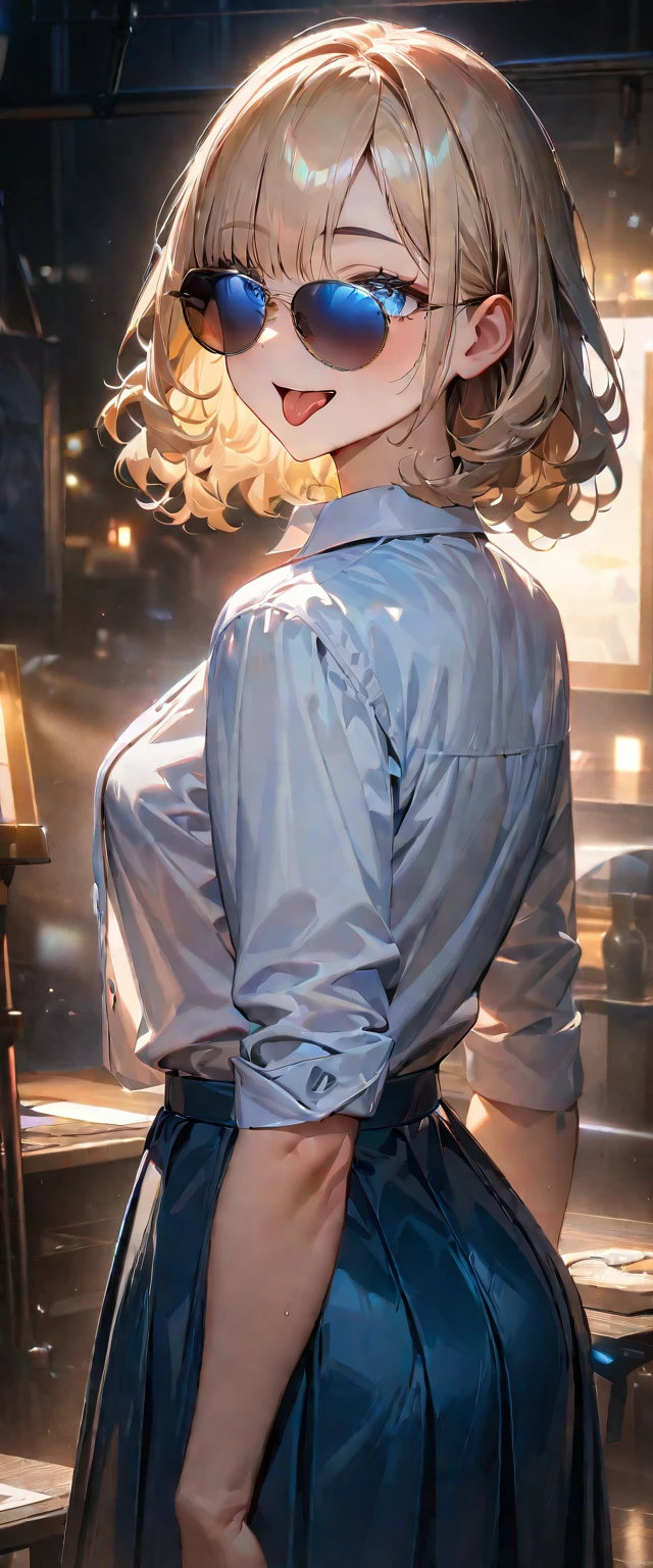 (((One girl))), (((from behind))), (((back view))), (tanned skin:1.3), blond hair, inwardly curled hair, ((sunglasses, hand to sunglasses)), peace fingers, one hand on hip, ((bob cut:1.3, wavy hair)), (upper body), (looking back), ((((white unbuttoned shirt, skirt)))), teenager, (((blue eye))), ((happy smile)), (((anime style))), (best quality, 4k, 8k, highres, masterpiece:1.2, ultra-detailed, ultra-detailed eyes, HDR, UHD, studio lighting, ultra-fine painting, sharp focus, physically-based rendering, extreme detail description, professional, vivid colors, bokeh), ((Highest quality, Best image quality, Ultra-high resolution, Ultra-high resolution, solo, Strong eye highlights)), Depth of written boundary, Natural soft light, attractive, Beautiful Face, Cleanliness, Pure Face, nedium chest, Beautiful Face, Perfect Fingers, Perfect hands, Perfect body, Perfect Face, Shine a light into your eyes, Perfect Anatomy