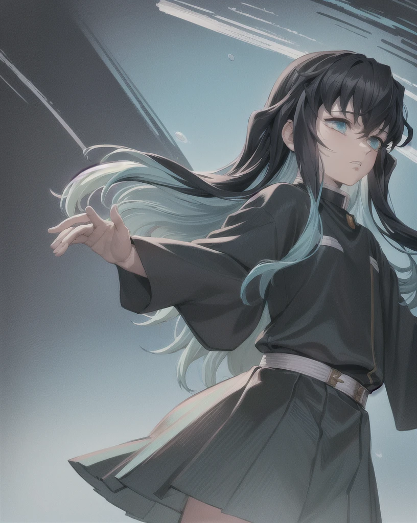 masterpiece, best quality, 1boy, muichiro,long hair, black hair, aqua hair, bangs, multicolored hair, sidelocks, long sleeves, aqua eyes, demon slayer uniform, (sketch), closeup, simple background