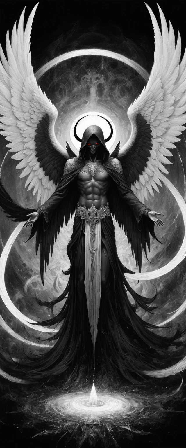 A painting of dark fallen angel Lucifer surrounded by dark wings, black and white Möbius strip, spinning and tumbling white wings and dark angels, deathcore style, layered image with subtle irony, Himalayan art