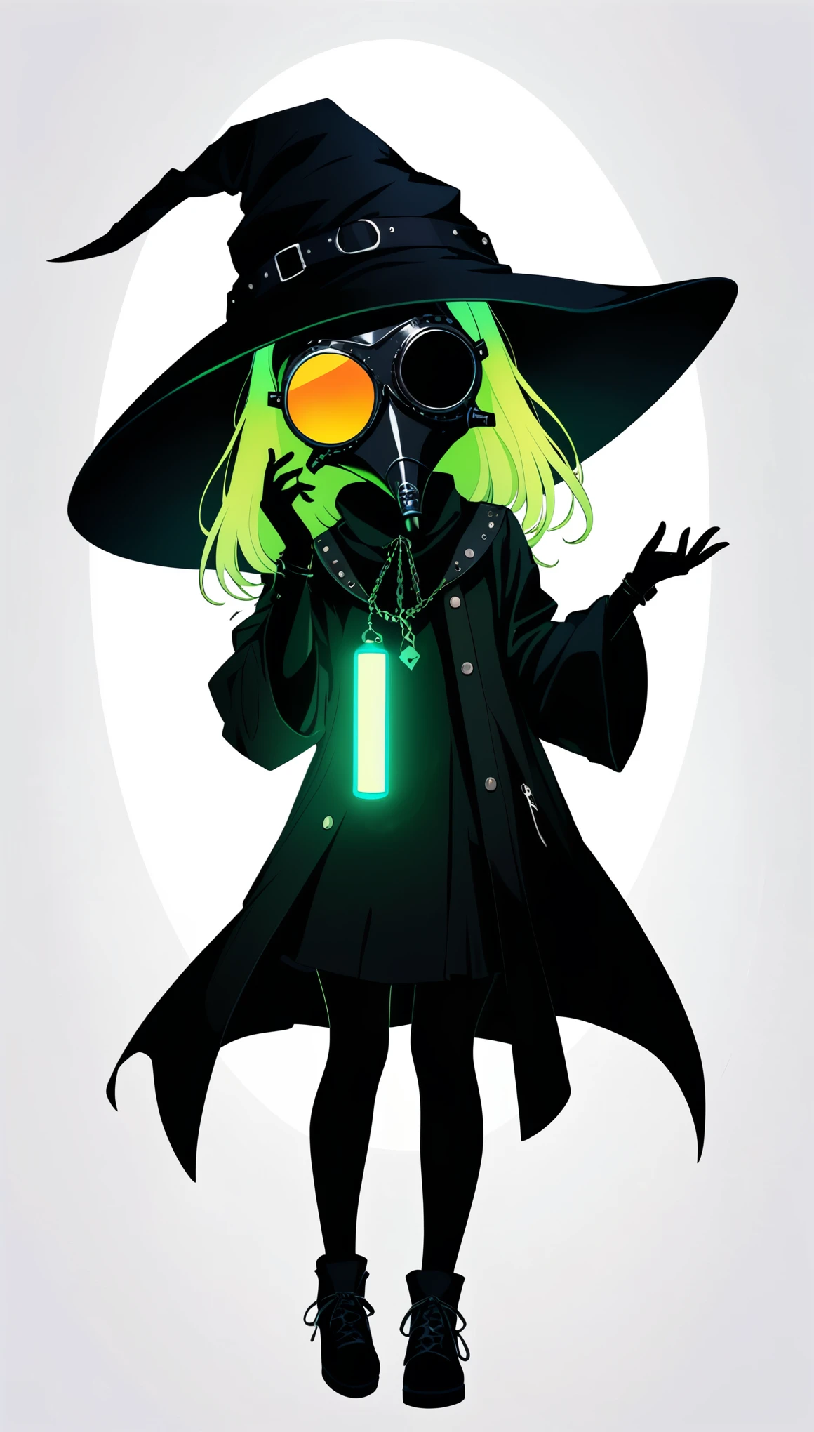 (in style of Conrad Roset:0.9),
(1girl:1.4),lori girl ,(loose hip-hop outfits:1.1),(internally stained giant wide-brimmed (wizard hat):1.1),silhouette,(metal plague doctor mask:1.4),glowing light,(((neon glowing round sunglasses))),unable to see the eyes,(large area blank:1.4),(minimalist composition:1.4),blank,white_background,