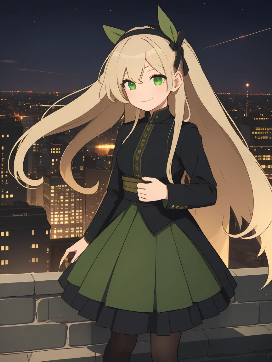 masterpiece, best quality, Very detailed,Ultra-high resolution，girl，From the work《Pitch-black bullets》，(Tina Sprunt)，night，Green eyes，(Long blond hair)，There is a small tuft of hair on the head，Green headband，Green Skirt，Smile，A simple smile，Harmless expressions of humans and animals，Long hair on both sides，Standing，Akimbo，roof，Rooftop，City night scene
