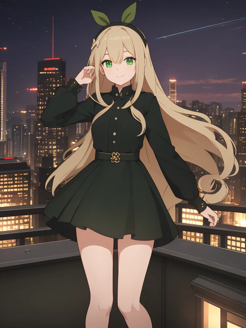 masterpiece, best quality, Very detailed,Ultra-high resolution，girl，From the work《Pitch-black bullets》，(Tina Sprunt)，night，Green eyes，(Long blond hair)，There is a small tuft of hair on the head，Green headband，Green Skirt，Smile，A simple smile，Harmless expressions of humans and animals，Long hair on both sides，Standing，Akimbo，roof，Rooftop，City night scene