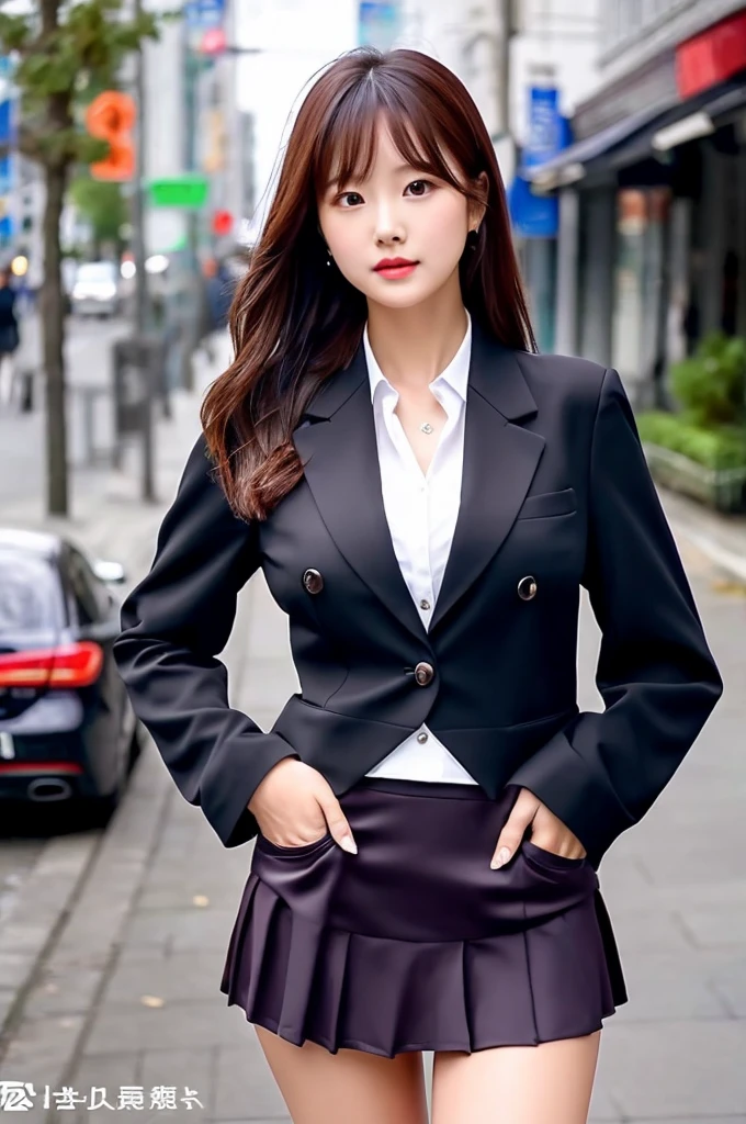 the most beautiful actress in the world, she is 18 years old, the perfect body proportions of this girl, just the lower than her crotch is fully exposed, just the upper than her crotch is fully covered, this girl whose breasts are large is firmly wearing the blazer on the formal shirt, the bare skin of her large breasts are firmly covered by formal shirt under blazer, it's too difficult for the short skirt to cover the panties because it's too short, her bare thighs, her feet are out of this picture frame, her head is barely within this picture frame, only one description of this picture, at city street, standing, nsfw, best quality, highly detailed, masterpiece, ultra high res, photo realistic, 8k