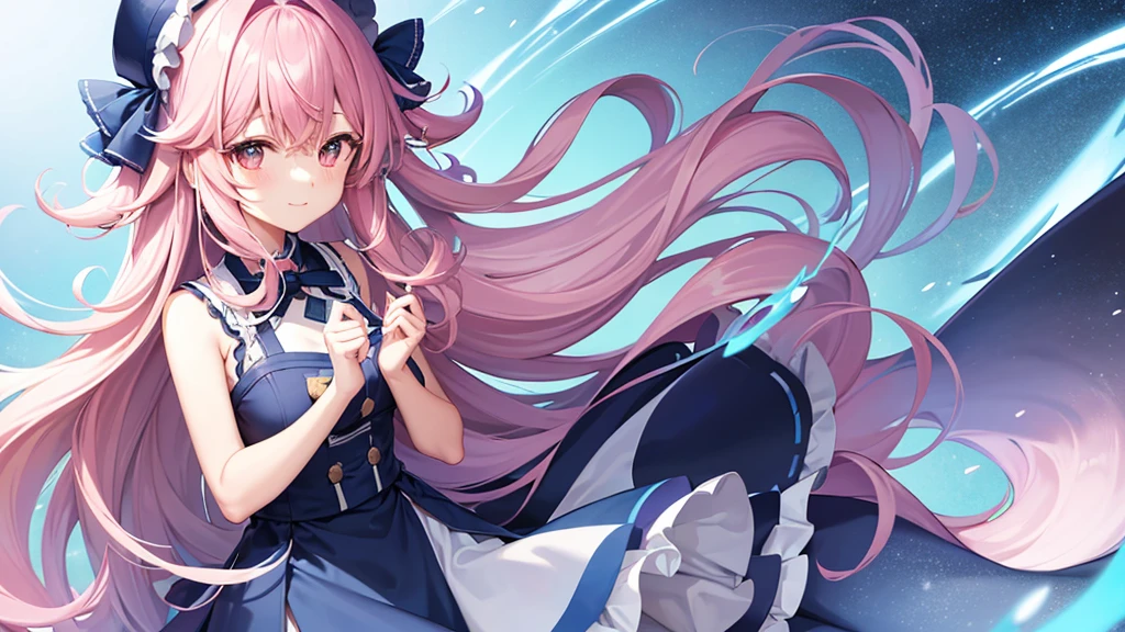 Illustration of a VTuber with light blue, navy blue, and pink gradation hair. Fluffy hair but with outward curls.
