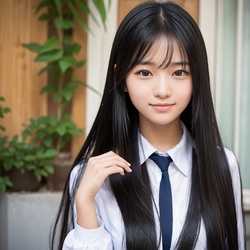 A high school girl with long black hair, a straight nose, and a bright, kind face.