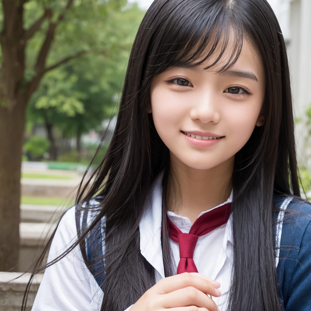 A high school girl with long black hair, a straight nose, and a bright, kind face.