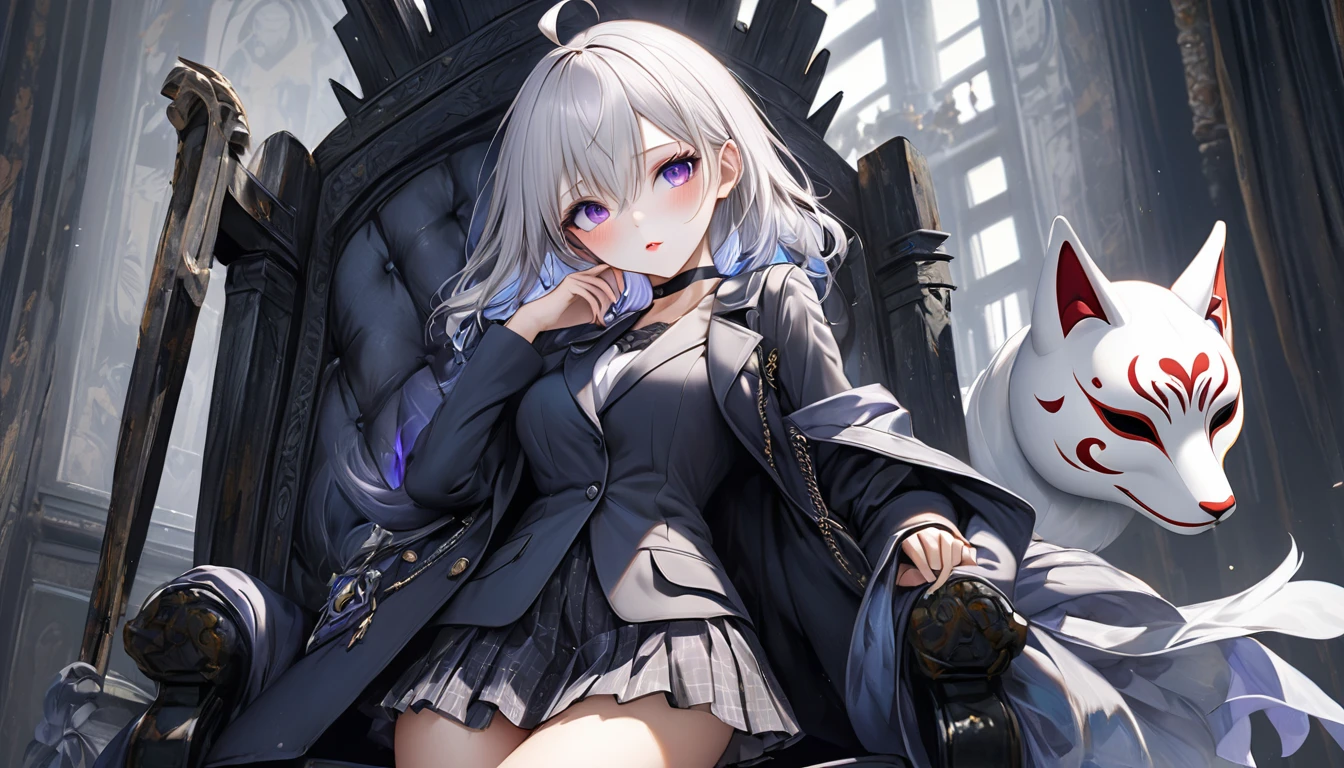 1 girl, anime, masterpiece, ultra-detailed, photorealistic, (best quality,4k,8k,highres,masterpiece:1.2),ultra-detailed,(realistic,photorealistic,photo-realistic:1.37), beautiful detailed eyes, beautiful detailed lips, extremely detailed eyes and face, long eyelashes, perfect body, perfect hand, perfect face, breast c cup, fox mask in left upper head, half ghost mask covering mouth, black choker, left eye closed, beautiful purple eye pupils, silver hair with blue sheen, small ahoge, hair strands covering eye, black coat with mysterious pattern, white suit, black short skirt, black boots, tattered castle throne background, hand in pocket, eyes looking right, mysterious black human figure with shining white eyes in background