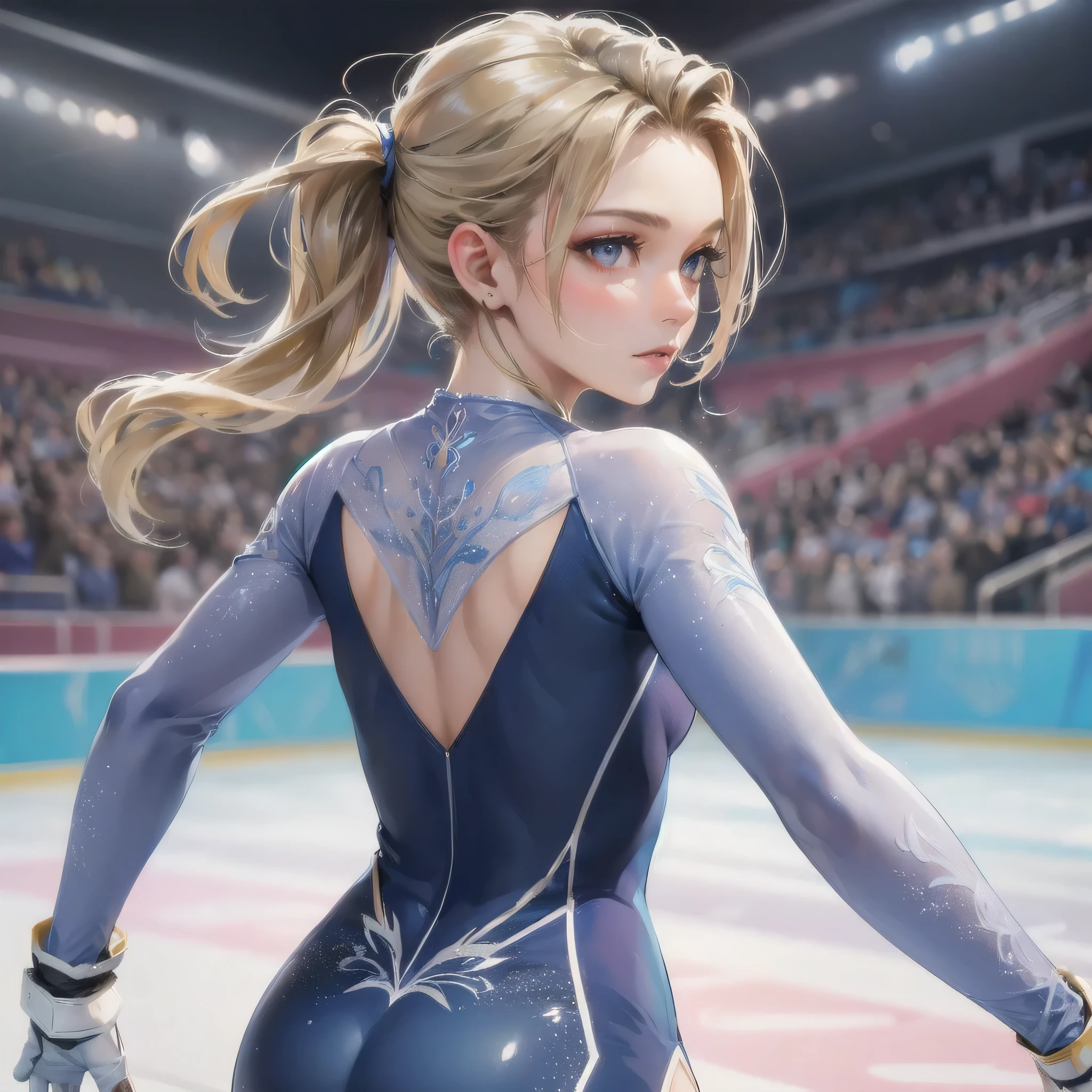  masterpiece, (textured skin), best quality, gorgeous beautiful girl, (a female figureskate athlete), detailed clothes,large breasts,narrow waist,, (beautiful face), cinematic lighting, (at figureskate venue ),