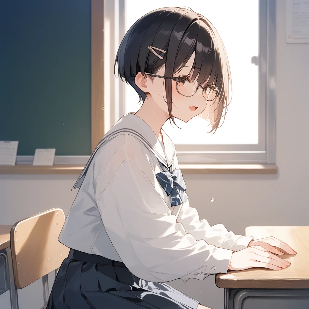 score_9, score_8_up, score_7_up, source_anime, best quality, masterpiece, official art, absurdres, highres, ultra-detailed,waifu2x,Collection: Slice of Life,break,1girl, very short hair,pixie cut, long bangs, glasses, small breasts, sit, sweat, open mouth, (wavy mouth:0.3), indoors, school classroom, summer, break,(clear line illustration:1.2),very high resolution, very aesthetic, super detailed skin, Best sexual lighting powered by famous artist, 8k,cute picture,beauty illustration,photoshop_(medium),,(Detailed Lighting),best anime 8k konachan wallpaper, pixiv contest winner, 