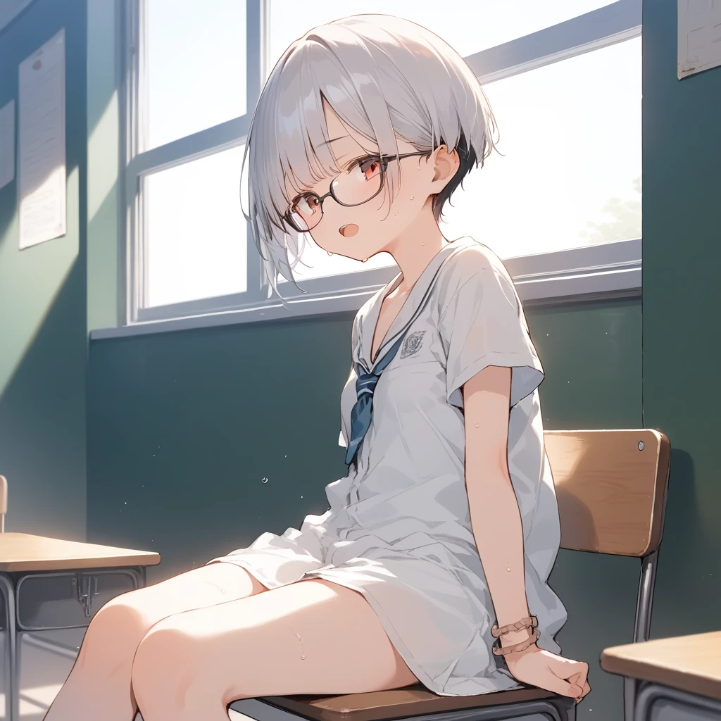 score_9, score_8_up, score_7_up, source_anime, best quality, masterpiece, official art, absurdres, highres, ultra-detailed,waifu2x,Collection: Slice of Life,break,1girl, very short hair,pixie cut, long bangs, glasses, small breasts, sit, sweat, open mouth, (wavy mouth:0.3), indoors, school classroom, summer, break,(clear line illustration:1.2),very high resolution, very aesthetic, super detailed skin, Best sexual lighting powered by famous artist, 8k,cute picture,beauty illustration,photoshop_(medium),,(Detailed Lighting),best anime 8k konachan wallpaper, pixiv contest winner, 