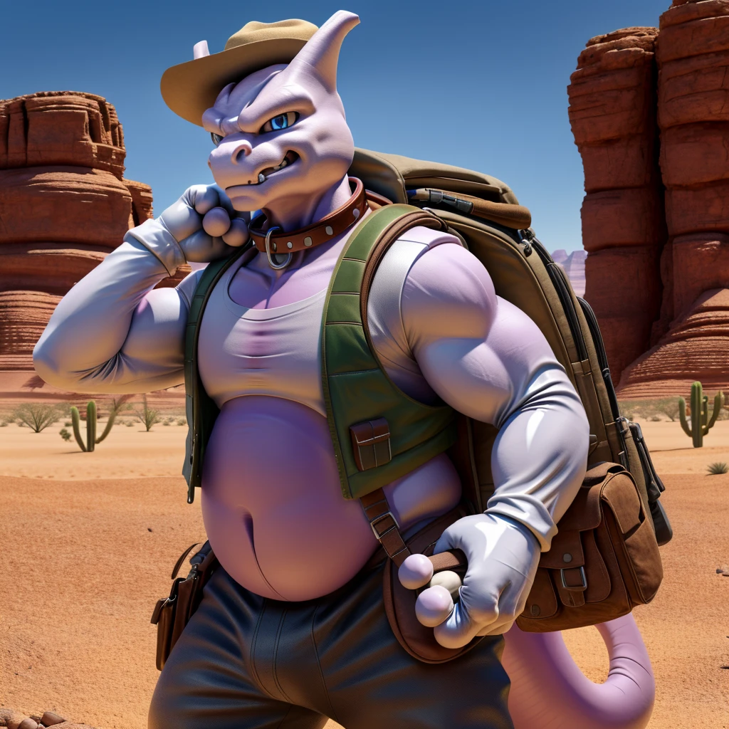 Male, fat, extremely obese, Mewtwo, blue eyes, (posing:1.3), (soft shading), 4k, hi res, ((detailed face, detailed)), looking at viewer, evil grin, desert, cactus, shirt, hat, male focus, Explorer Outfit, glasses, pants, bag, vest, backpack, sleeves rolled up, round eyewear, brown headwear, brown vest, Mewtwo is wearing a glossy leather dog collar around the neck, Mewtwo is wearing the leather collar and shirt and vest at the same time, Mewtwo is wearing glossy white rubber gloves on the hands, gloves are rubber in texture, clenching teeth, clenching fists, leather collar is glossy and shiny with a lot of detail.