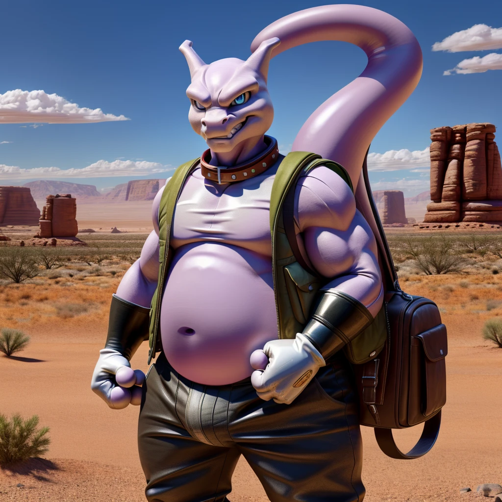 Male, fat, extremely obese, Mewtwo, blue eyes, (posing:1.3), (soft shading), 4k, hi res, ((detailed face, detailed)), looking at viewer, evil grin, desert, cactus, shirt, hat, male focus, Explorer Outfit, glasses, pants, bag, vest, backpack, sleeves rolled up, round eyewear, brown headwear, brown vest, Mewtwo is wearing a glossy leather dog collar around the neck, Mewtwo is wearing the leather collar and shirt and vest at the same time, Mewtwo is wearing glossy white rubber gloves on the hands, gloves are rubber in texture, clenching teeth, clenching fists, leather collar is glossy and shiny with a lot of detail.