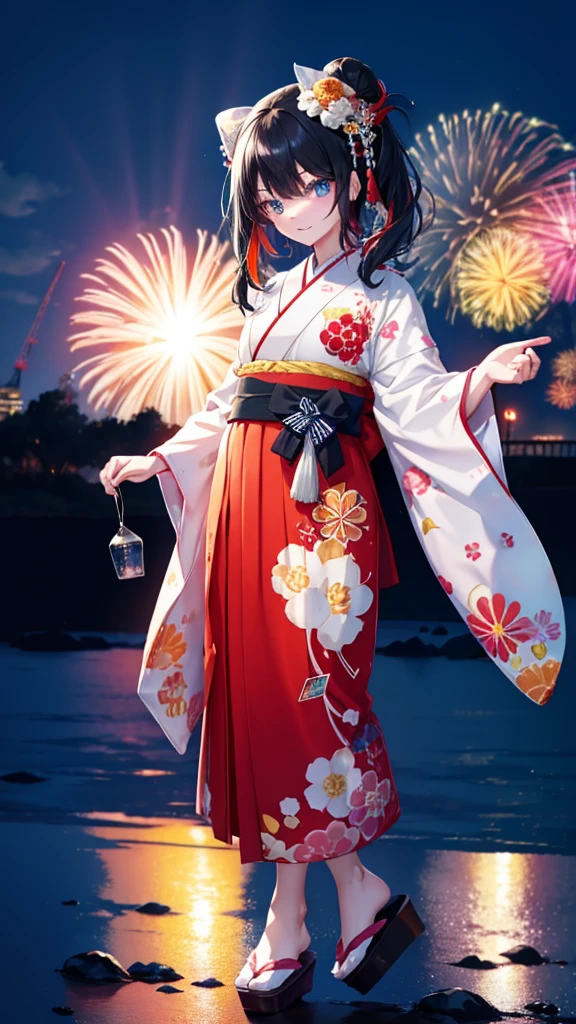 Takada Rokka, Black Hair, blue eyes, Long Hair, orange Scrunchie, Scrunchie, wrist Scrunchie,White Kimono,Sandals,日本のfestival,夏festivalの屋台,Red lantern,Hair Bun, double Hair Bun,happy smile, smile, Open your mouth,Fireworks,The place is a fireworks display、Time is night,Walking,whole bodyがイラストに入るように,
break outdoors, festival,
break looking at viewer, whole body,
break (masterpiece:1.2), Highest quality, High resolution, unity 8k wallpaper, (shape:0.8), (Fine and beautiful eyes:1.6), Highly detailed face, Perfect lighting, Highly detailed CG, (Perfect hands, Perfect Anatomy),