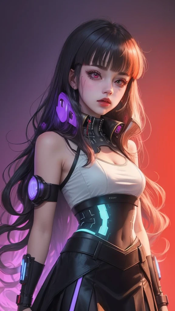 1girl, solo, long curly hair, looking left, bangs, simple background, black hair, red eyes, upper body, blunt bangs, red background, science fiction, high collar, cyberpunk, girl in skirt, full violet background