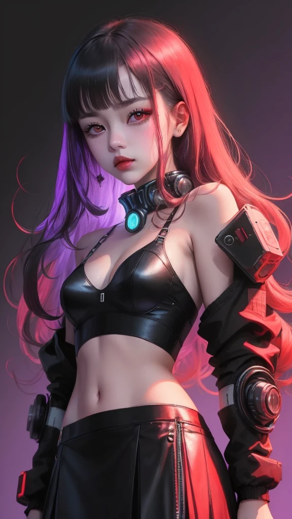 1girl, solo, long curly hair, looking left, bangs, simple background, black hair, red eyes, upper body, blunt bangs, red background, science fiction, high collar, cyberpunk, girl in skirt, full violet background