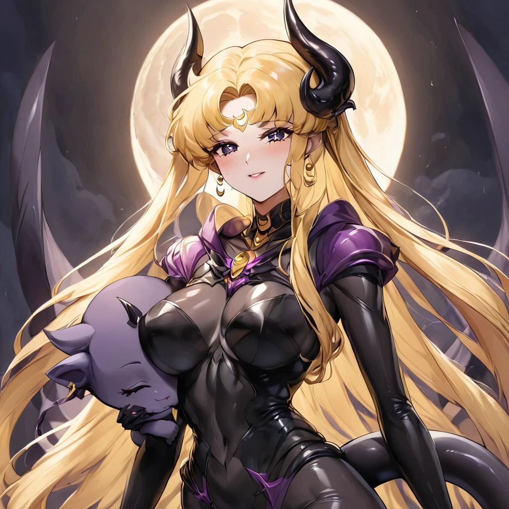 ((Highest quality)), ((masterpiece)), (detailed), （Perfect Face）、male１people女３people、Husband, wife and daughter２people、The woman is clinging to her husband, the powerful Demon King, and her daughter, the Devil Princess, is in the form of a demon and is by her side.、The woman is naked and is the bride of the Demon King, the Dark Queen of the Black Moon Clan, the Demon Queen, Devil Queen Serenity, and is wearing a shiny black full-body bodysuit decorated with gold, a sexy female demon with jet-black skin, Devil Queen Serenity.、The woman is a jet-black female demon with magnificent devil horns, jet-black devil wings, and a jet-black tail. Her skin is jet-black, and she has a black inverted crescent moon mark on her forehead. She is the jet-black demon Devil Queen Serenity, and she has blonde hair.２The expression of a girl in love with her long hair tied up、Woman is Devil Queen Serenity