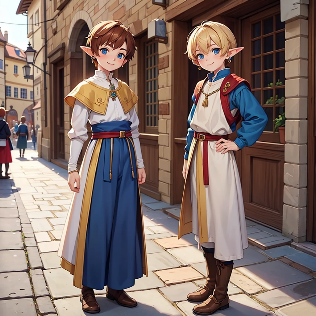 Beautiful, high quality, a 14 years old elf boy, 4'6 height, twink body, blue eyes, blonde, cute face, earrings, auburn hair, looking at the camera, smiling, wearing a boy medieval style clothes, stand in a middle of street of medieval city