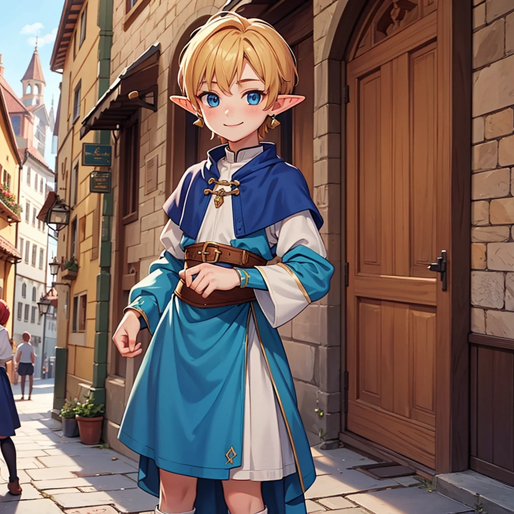 Beautiful, high quality, a 14 years old elf boy, 4'6 height, twink body, blue eyes, blonde, cute face, earrings, auburn hair, looking at the camera, smiling, wearing a boy medieval style clothes, stand in a middle of street of medieval city