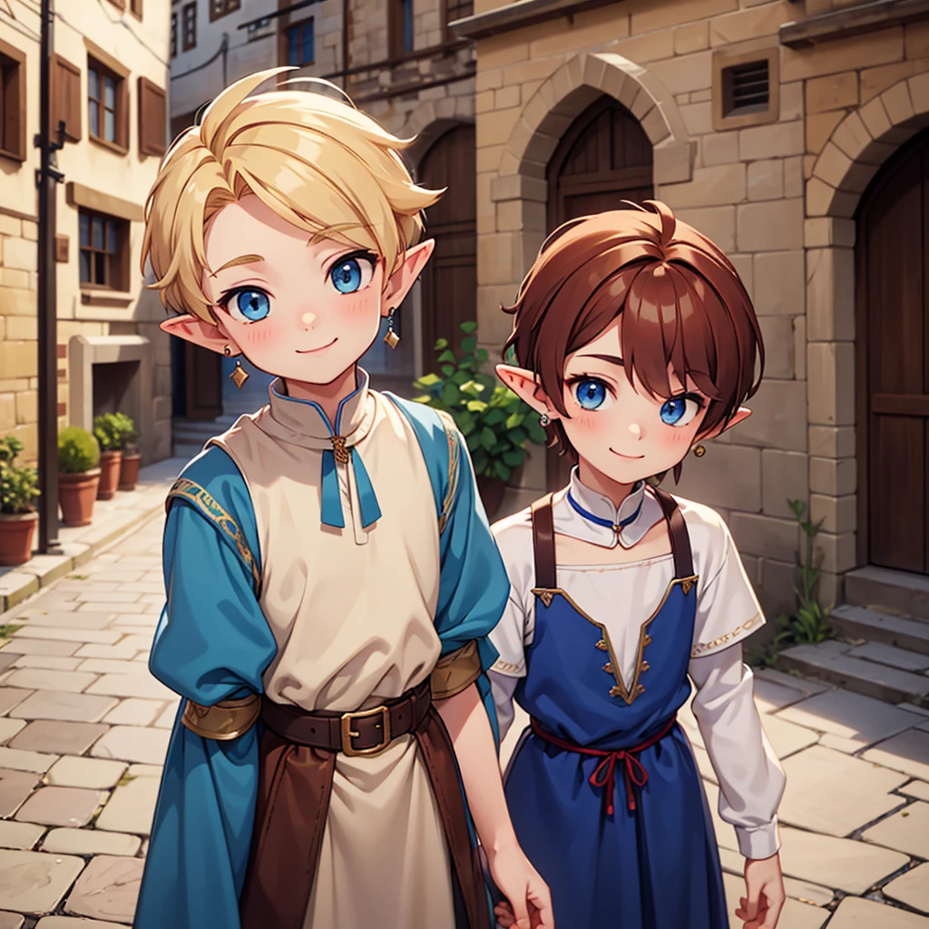 Beautiful, high quality, a 14 years old elf boy, 4'6 height, twink body, blue eyes, blonde, cute face, earrings, auburn hair, looking at the camera, smiling, wearing a boy medieval style clothes, stand in a middle of street of medieval city