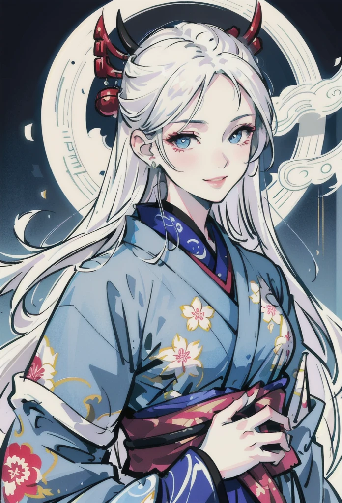 1 woman,beautiful detailed eyes,beautiful detailed lips,extremely detailed face,long white hair,smiling,wearing japanese kimono,ornaments in hair,intricate detailed background,detailed ornate kimono patterns,soft blue eyes,high resolution,detailed lighting,hyperrealistic,masterpiece,digital art,vibrant colors,cinematic lighting