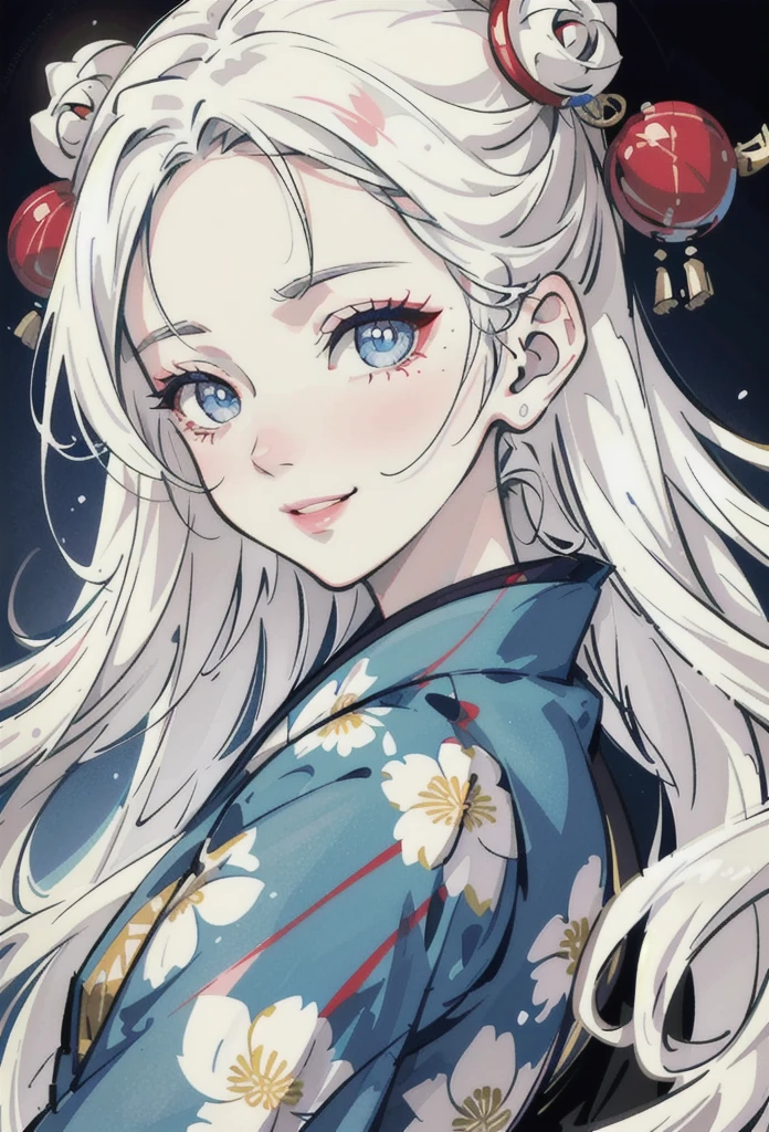 1 woman,beautiful detailed eyes,beautiful detailed lips,extremely detailed face,long white hair,smiling,wearing japanese kimono,ornaments in hair,intricate detailed background,detailed ornate kimono patterns,soft blue eyes,high resolution,detailed lighting,hyperrealistic,masterpiece,digital art,vibrant colors,cinematic lighting