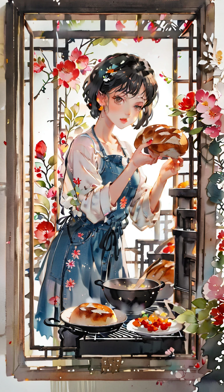 (((paper cutting style))), (frame of illustration is 3D paper cutting: 1.2), (denim and shirts), (black short hair), (random angle), (random pose), 1 girl, cooking bread