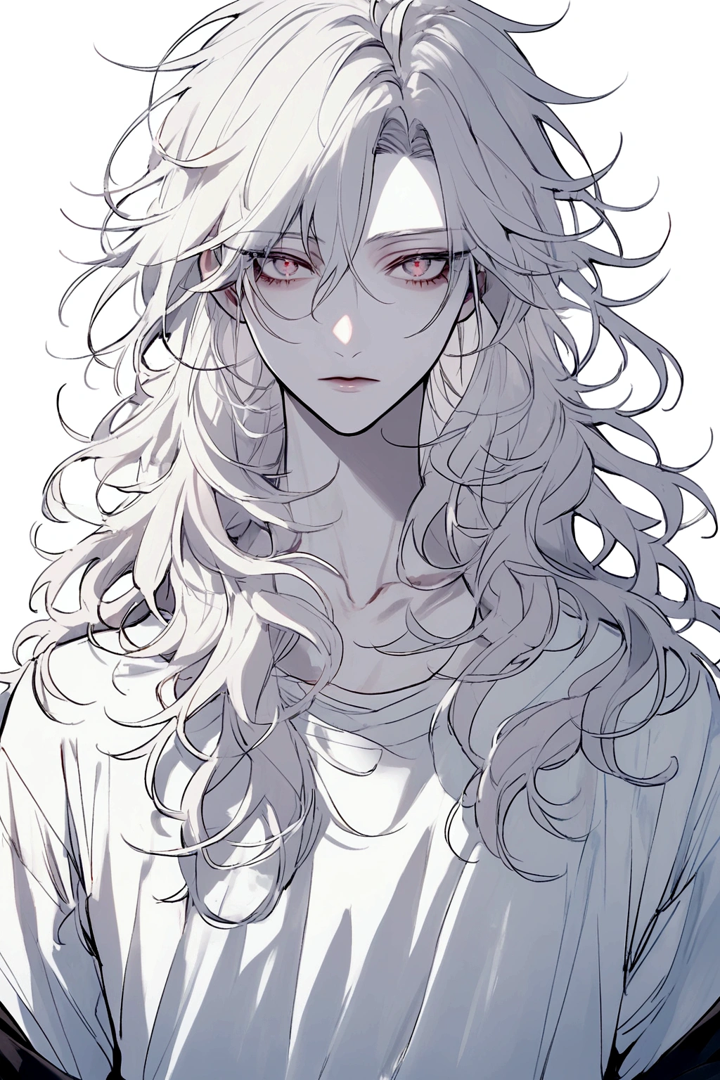 aesthetic style, male with feminine face, white haired, pale skin, messy hair, hair length to neck, white plain t shirt
