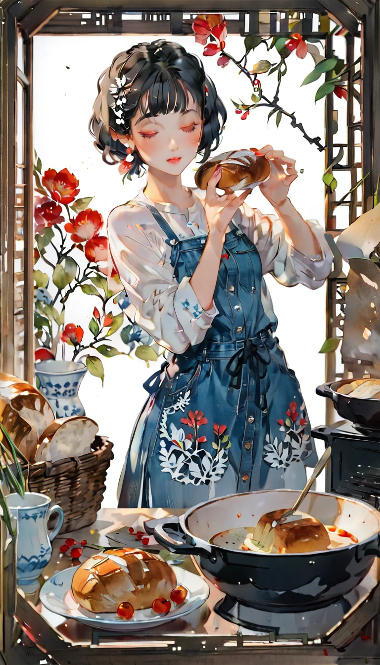 (((paper cutting style))), (frame of illustration is 3D paper cutting: 1.2), (denim and shirts), (black short hair), (random angle), (random pose), 1 girl, cooking bread