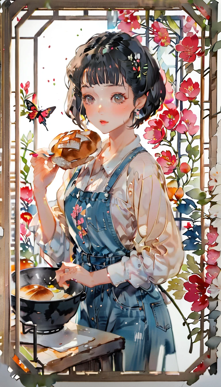 (((paper cutting style))), (frame of illustration is 3D paper cutting: 1.2), (denim and shirts), (black short hair), (random angle), (random pose), 1 girl, cooking bread